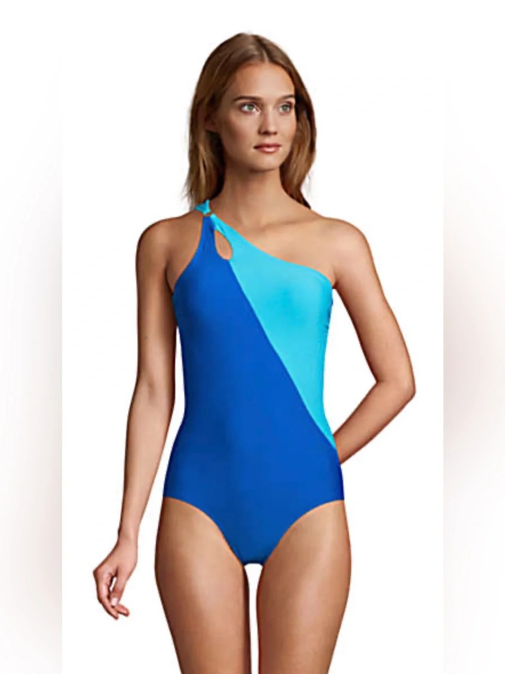 Lands’ End Chlorine Resistant One Shoulder One Piece Swimsuit Blue Size 14